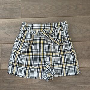 Plaid High-Waist Paperbag Shorts with Belt - White, Black & Yellow